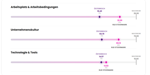 Employee Experience Benchmark Raiffeisen-Landesbank Steiermark AG 2024 vs. österreichischer Marktdurchschnitt: Arbeitsplatz & Arbeitsbedingungen RLB Steiermark 22,59 (Österreich 18,40), Unternehmenskultur RLB Steiermark 60,13 (Österreich 50,78), Technologie & Tools RLB Steiermark 14,82 (Österreich 14,07). Erhebung Juni 2024, 151 Teilnehmende, Großunternehmen, Branche Banken/Finanzen, Standort Graz, Steiermark, Österreich.
