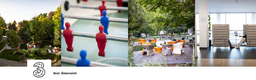 Drei Österreich – ausgezeichneter Employee Experience Champion 2024, 2023 und 2022. Telekommunikationsunternehmen, Standort Wien, Österreich, Großunternehmen mit 1.500 Mitarbeitenden. Modernes Arbeitsumfeld mit Outdoor-Bereichen und Gemeinschaftsflächen.