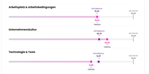 Employee Experience Benchmark Takeda Österreich 2024 vs. österreichischer Marktdurchschnitt: Arbeitsplatz & Arbeitsbedingungen Takeda 18,45 (Österreich 18,40), Unternehmenskultur Takeda 55,30 (Österreich 50,78), Technologie & Tools Takeda 12,90 (Österreich 14,07). Erhebung Juli 2024, 851 Teilnehmende, Großunternehmen, Branche Pharma, Standort Wien, Österreich.