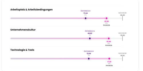 Employee Experience Benchmark Phoron Consulting GmbH 2025 vs. österreichischer Marktdurchschnitt: Arbeitsplatz & Arbeitsbedingungen Phoron 22,30 (Österreich 17,44), Unternehmenskultur Phoron 61,40 (Österreich 49,62), Technologie & Tools Phoron 17,20 (Österreich 13,64). Erhebung Oktober 2025, 58 Teilnehmende, Mittleres Unternehmen, Branche IT, Standort Wien, Österreich.