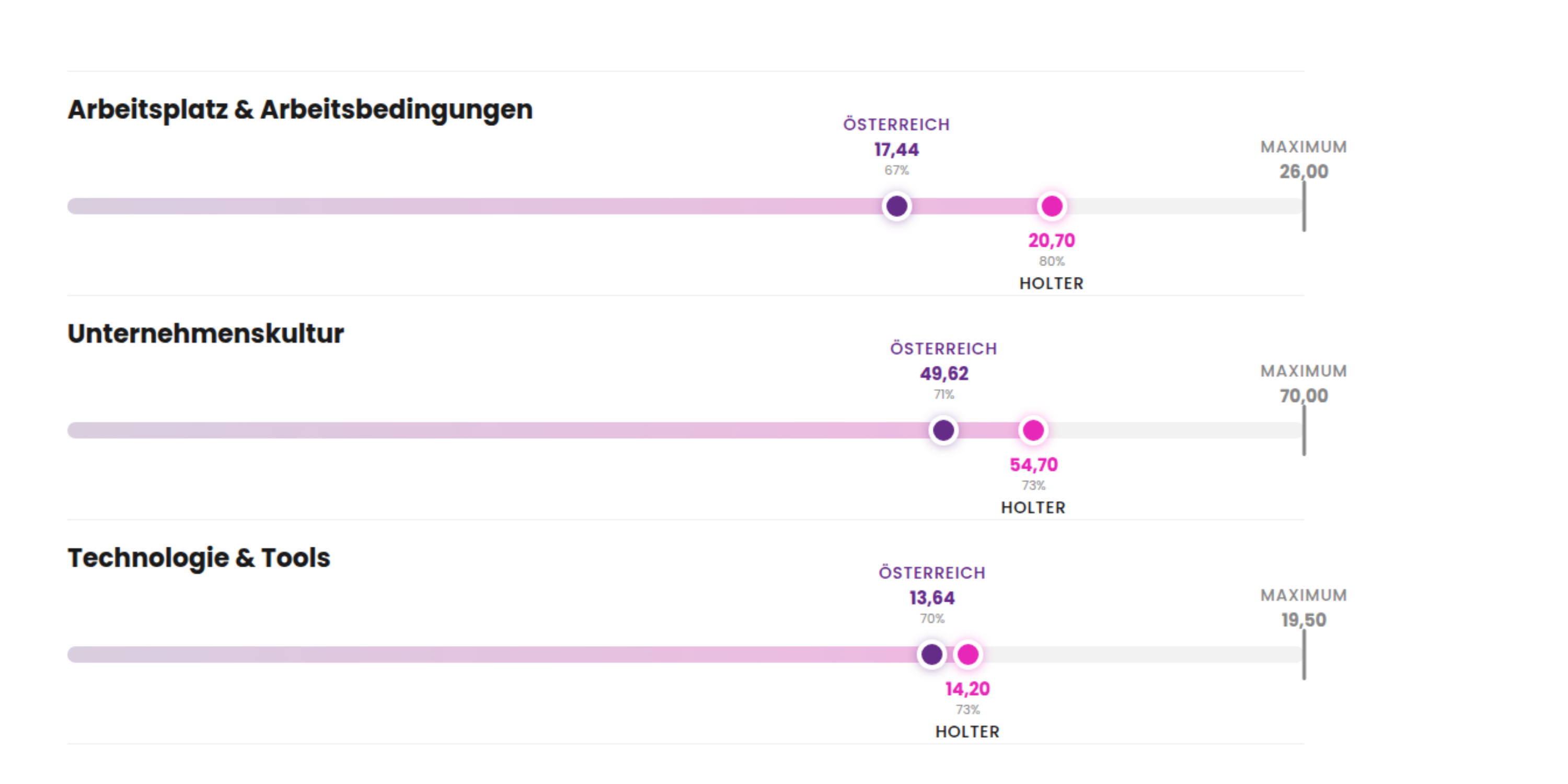 Employee Experience Benchmark Fritz Holter GmbH 2025 vs. österreichischer Marktdurchschnitt: Arbeitsplatz & Arbeitsbedingungen Holter 20,70 (Österreich 17,44), Unternehmenskultur Holter 54,70 (Österreich 49,62), Technologie & Tools Holter 14,20 (Österreich 13,64). Erhebung Juni 2025, 490 Teilnehmende, Großunternehmen, Branche Handel/Großhandel, Standort Wels, Österreich.
