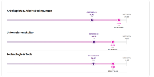 Employee Experience Benchmark Storyblok 2024 vs. österreichischer Marktdurchschnitt: Arbeitsplatz & Arbeitsbedingungen Storyblok 24,25 (Österreich 18,40), Unternehmenskultur Storyblok 61,75 (Österreich 50,78), Technologie & Tools Storyblok 17,25 (Österreich 14,07). Erhebung Juni 2024, 98 Teilnehmende, Mittleres Unternehmen, Branche IT, Standort Wien, Österreich.