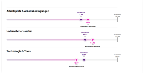 Employee Experience Benchmark Boehringer Ingelheim RCV 2025 vs. österreichischer Marktdurchschnitt: Arbeitsplatz & Arbeitsbedingungen Boehringer Ingelheim 19,10 (Österreich 17,44), Unternehmenskultur Boehringer Ingelheim 54,40 (Österreich 49,62), Technologie & Tools Boehringer Ingelheim 12,30 (Österreich 13,64). Erhebung März 2025, 469 Teilnehmende, Großunternehmen, Branche Pharma, Wien, Österreich.