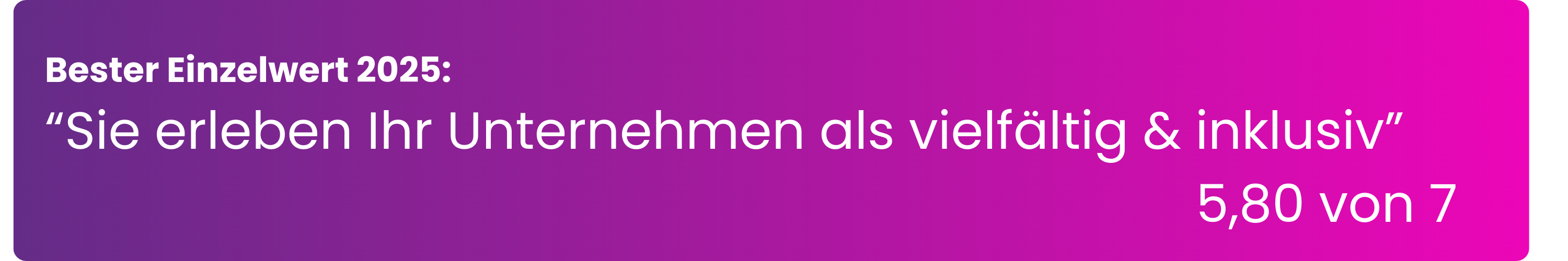 Bester Einzelwert Boehringer Ingelheim RCV 2025: "Sie erleben Ihr Unternehmen als vielfältig & inklusiv" – 5,80 von 7 Punkten. Gemessen nach dem standardisierten EX Champions Messverfahren, 469 Teilnehmende, Großunternehmen, Pharma, Wien, Österreich.