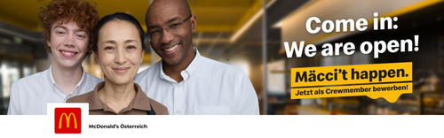 McDonald's Österreich – ausgezeichneter Employee Experience Champion 2025. Arbeitgeber in ganz Österreich, Branche Gastronomie, Großunternehmen mit rund 10.000 Mitarbeitenden.