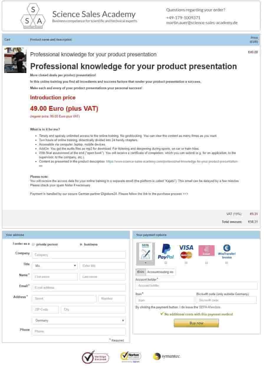 order form Science Sales Academy 