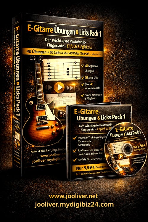 E-Gitarre Pentatonik Wiorkshop: Abbildung mit E-Giitarre, dem wichtigsten Pentatonik Fingersatz sowie den Hinweisen 40 Übungen, 10 Licks, über 40 Video-Tutorials, PDF nur 9,99 EUR