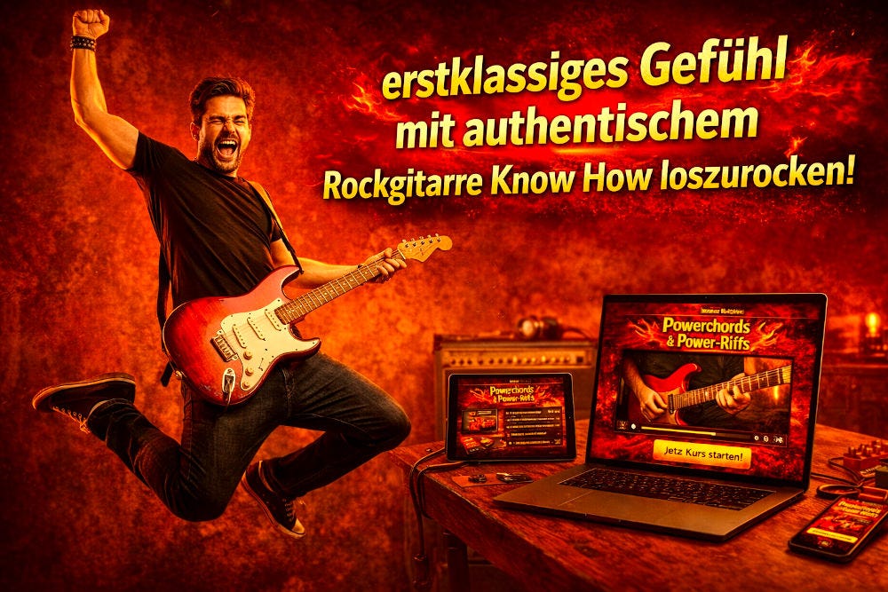 Ein Gitarrist mit E-Gitarre macht einen Freudensprung nachdem er diesen Rockgitarre Kurs durchgearbeitet hat - es ist für ihn ein erstklassiges Gefühl laut Caption-Text mit authentischem Rockgitarre Know How loszurocken!