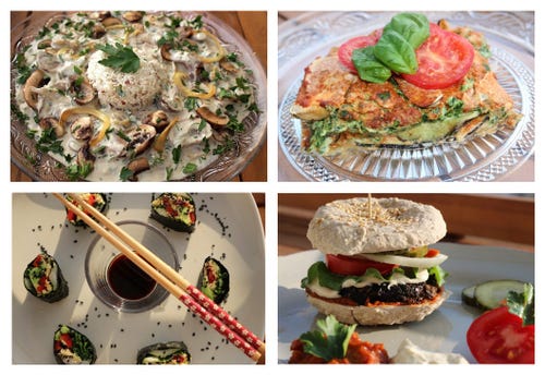 Gemüsereis, Gemüsequiche, Sushi, Hamburger, Rezeptcollage Mobile