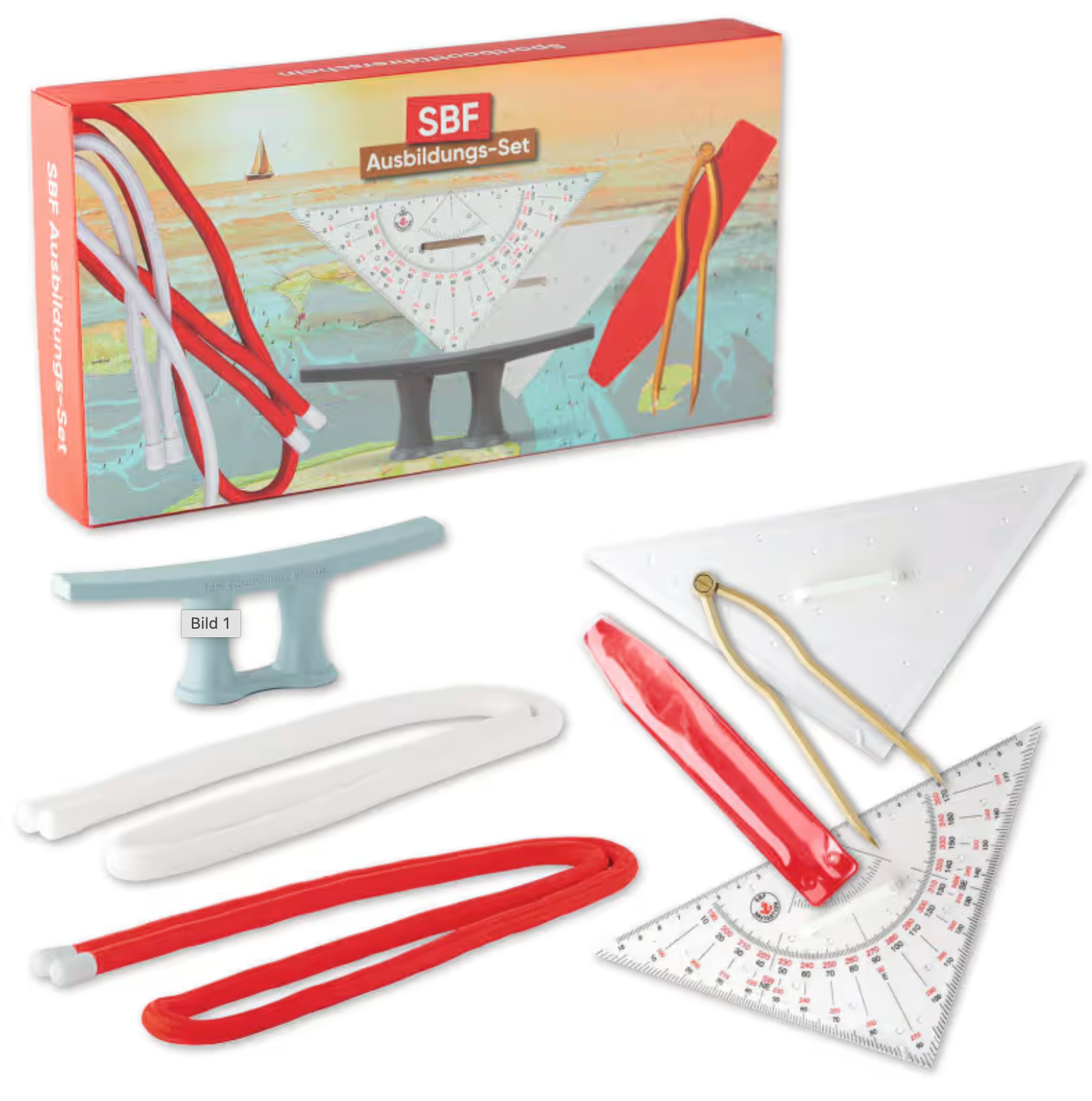 Navigationsdreiecke, Klampe und Taue für Knotenbindung, Zirkel und die Verpackung dazu in Farbe