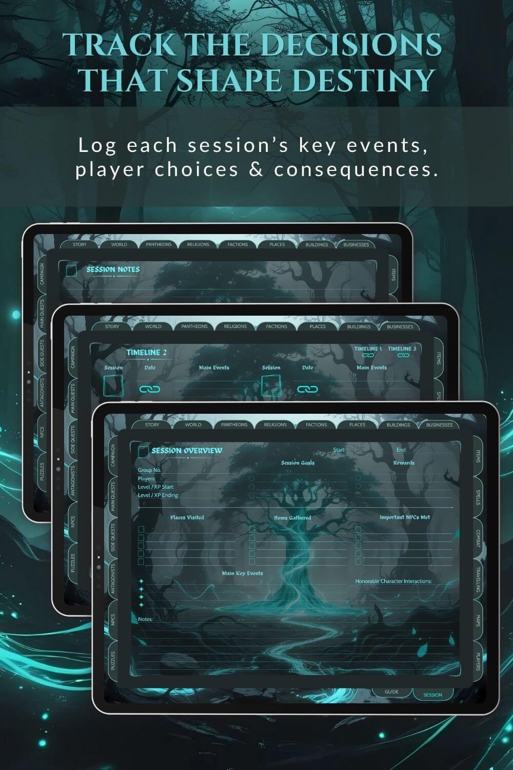 Preview of the session notes dnd dm journal in turquoise.