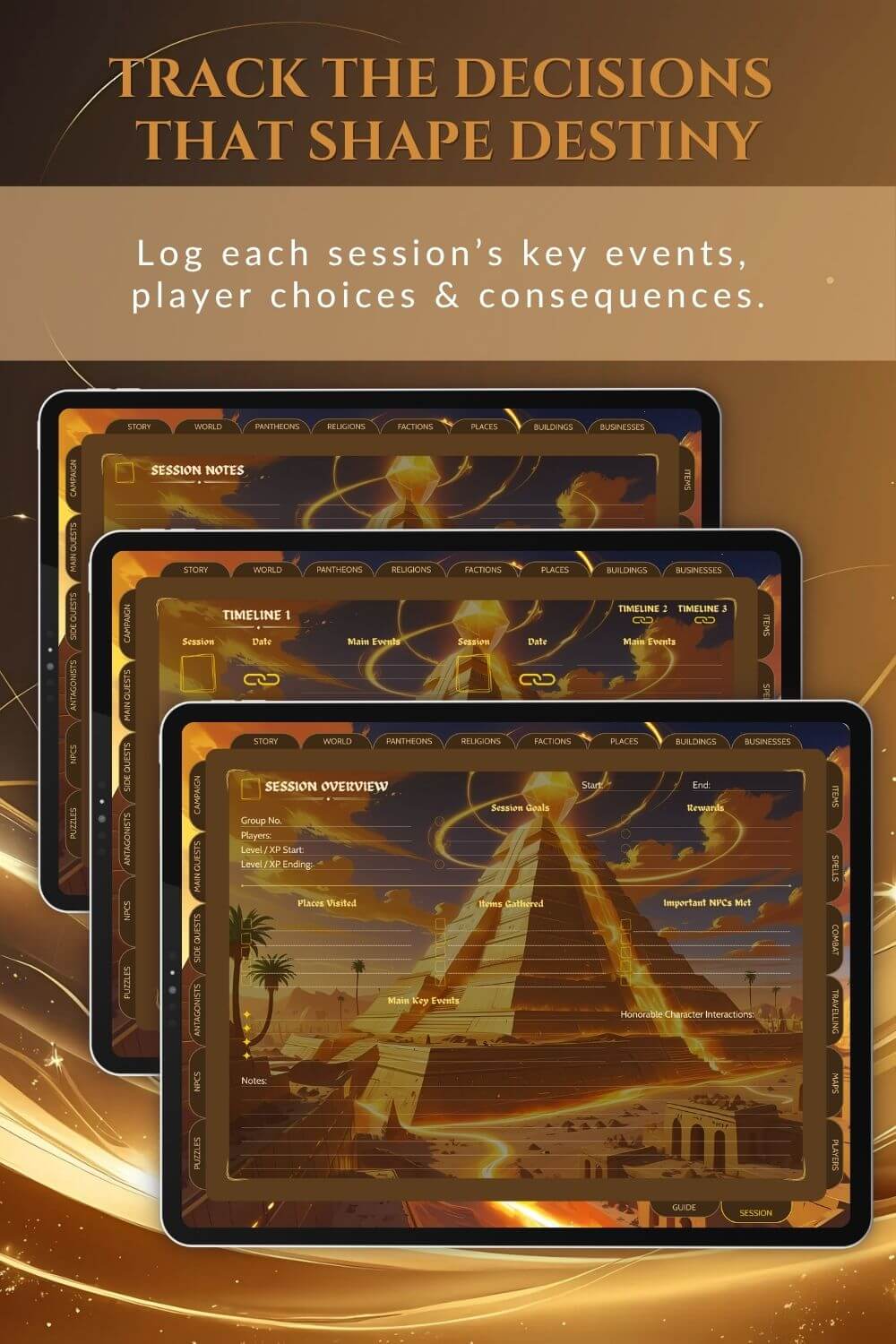 Preview of the session notes dnd dm journal in gold theme.