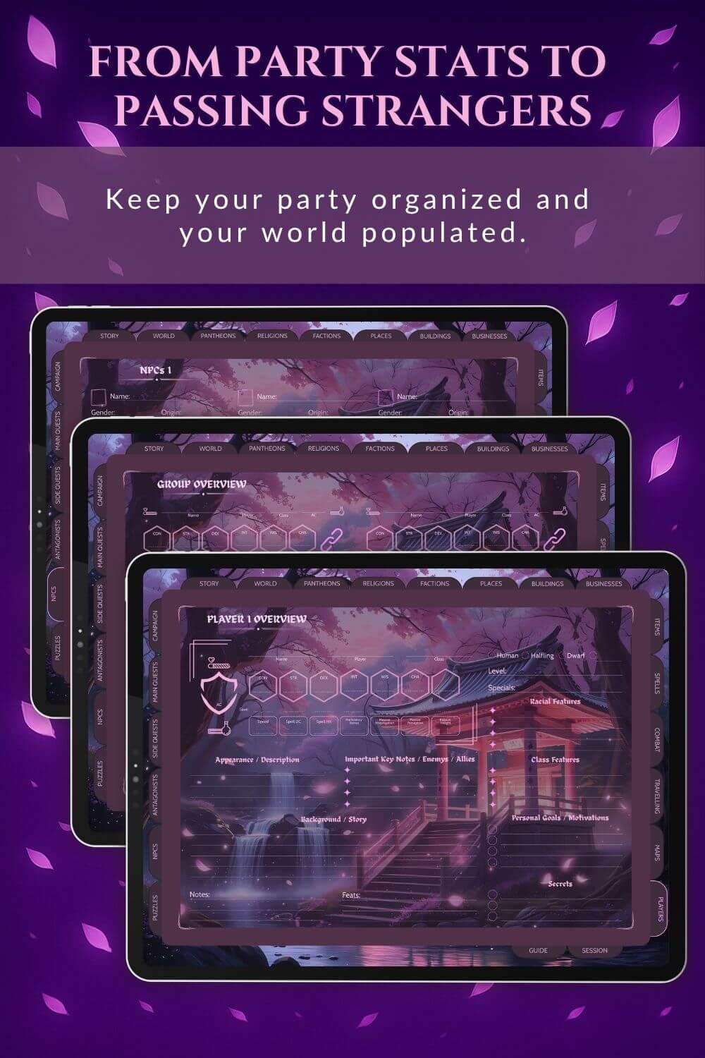Preview of the character sheet dnd dm journal in sakura theme.