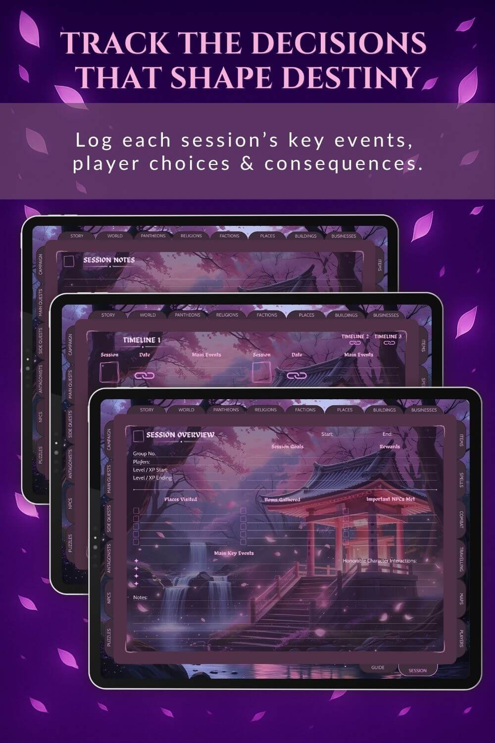Preview of the session notes dnd dm journal in sakura theme.