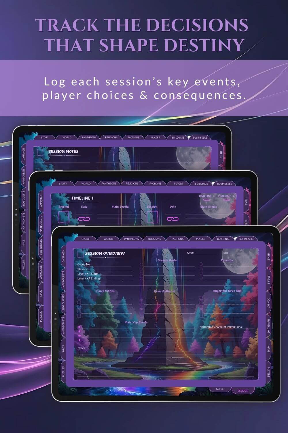Preview of the session notes dnd dm journal rainbow theme.