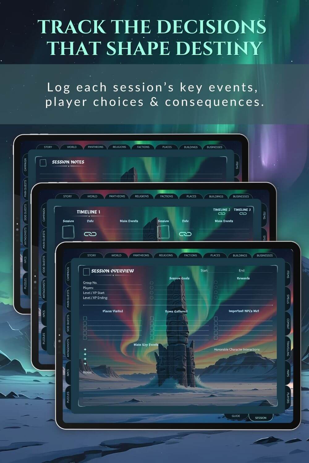 Preview of the session notes dnd dm journal polar theme.