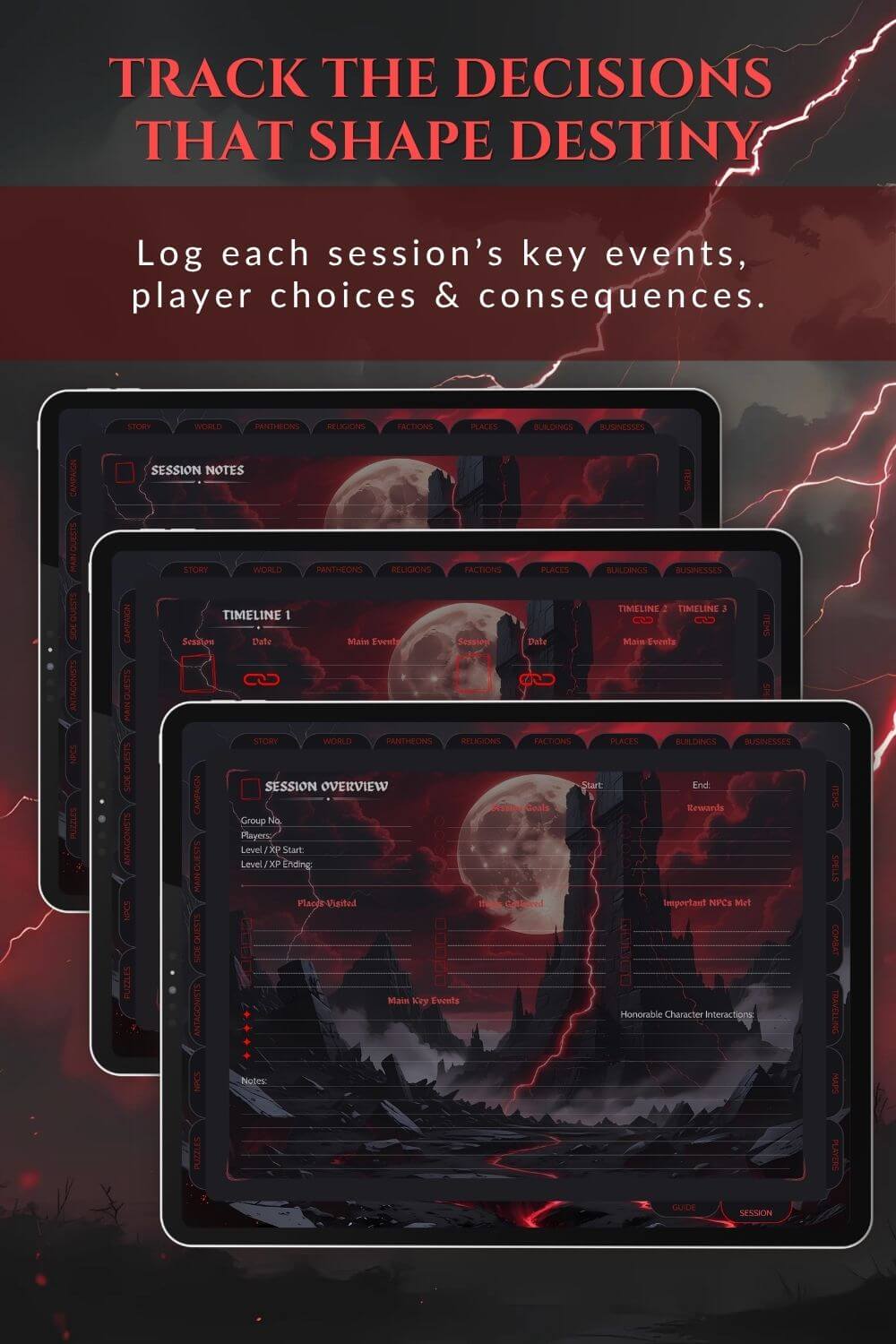 Preview of the session notes dnd dm journal onyx theme.