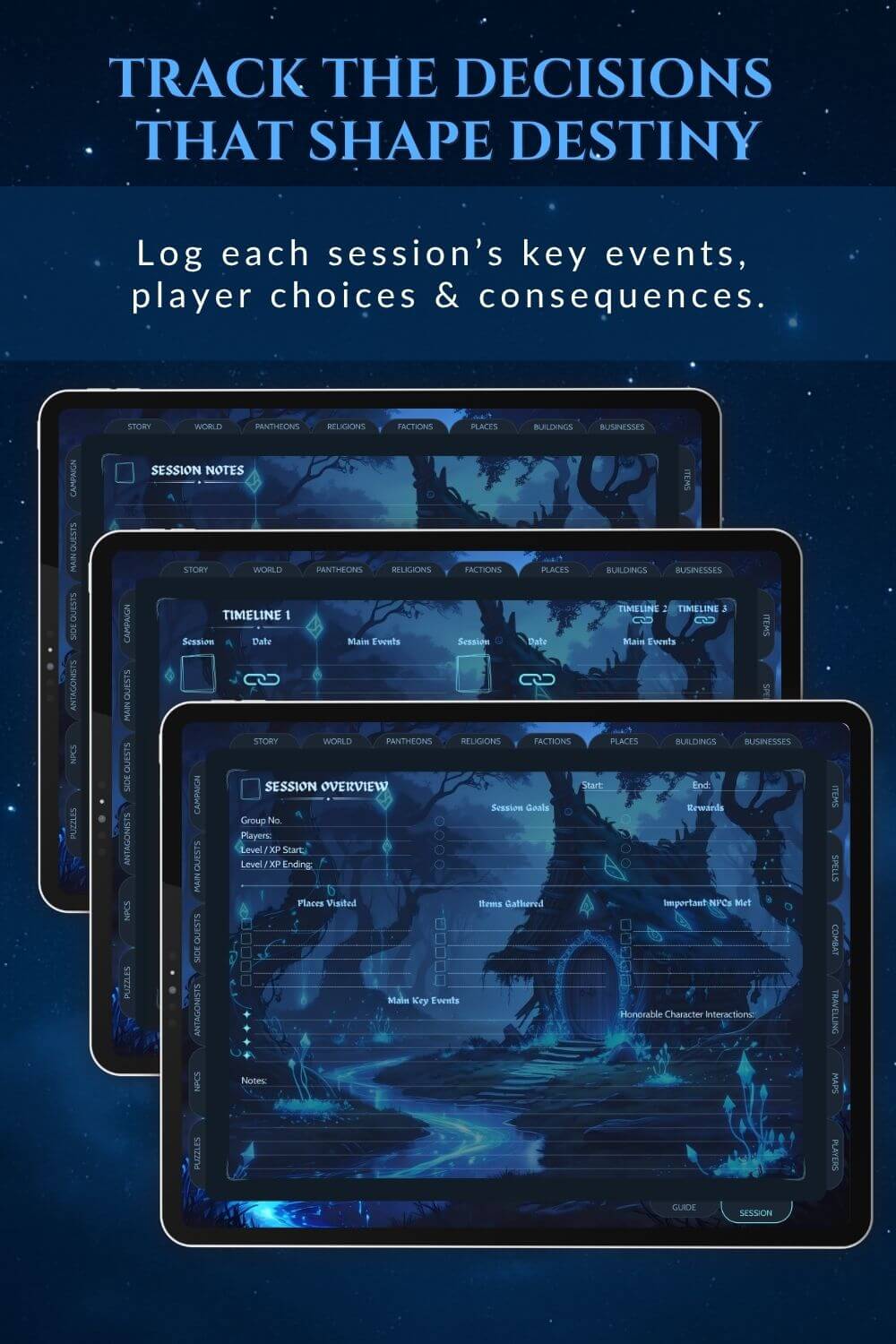 Preview of the session notes dnd dm journal in blue.