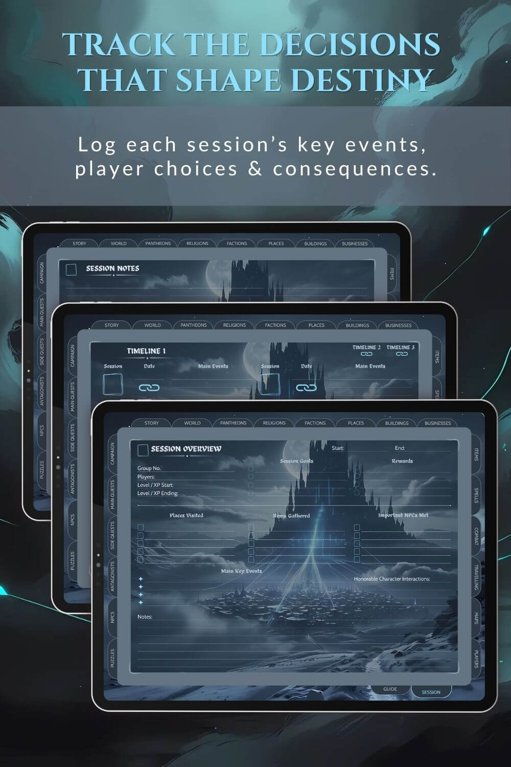 Preview of the session notes dnd dm journal in emerald grey.