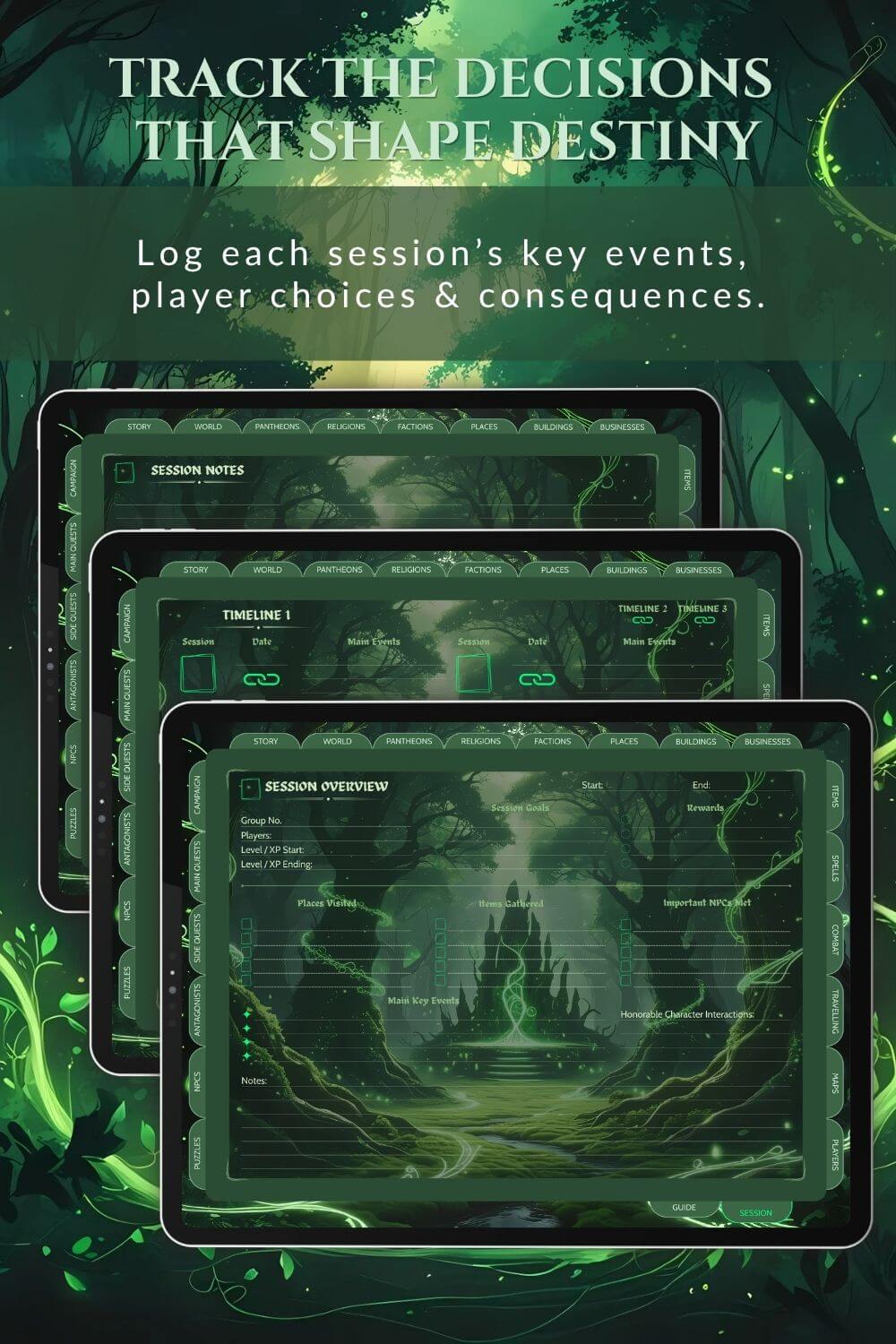 Preview of the session notes dnd dm journal in emerald green.