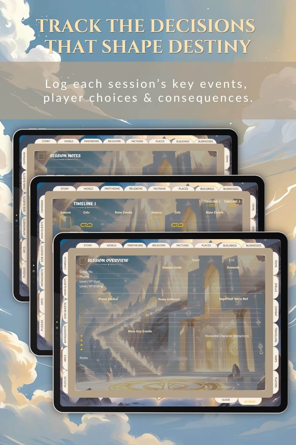 Preview of the session notes dnd dm journal divine theme.