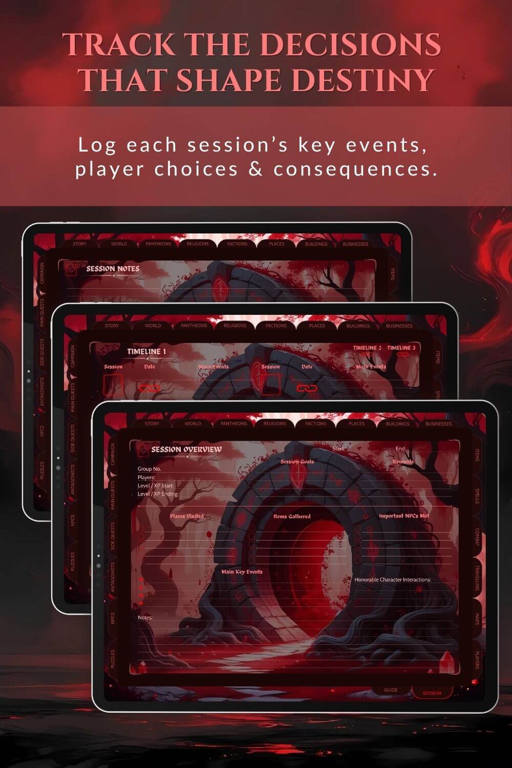 Preview of the session notes dnd dm journal in red.