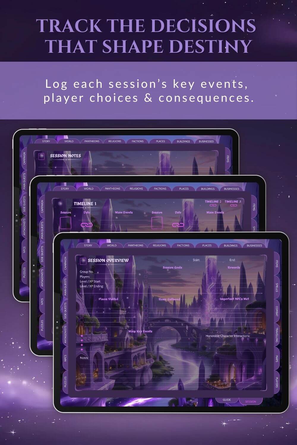 Preview of the session notes dnd dm journal in purple.
