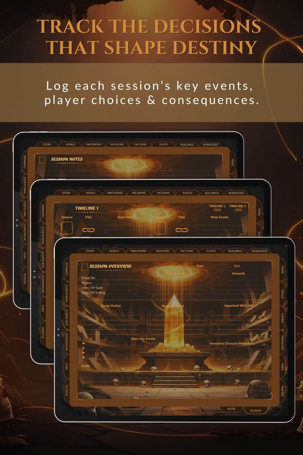 Preview of the session notes dnd dm journal in orange theme.