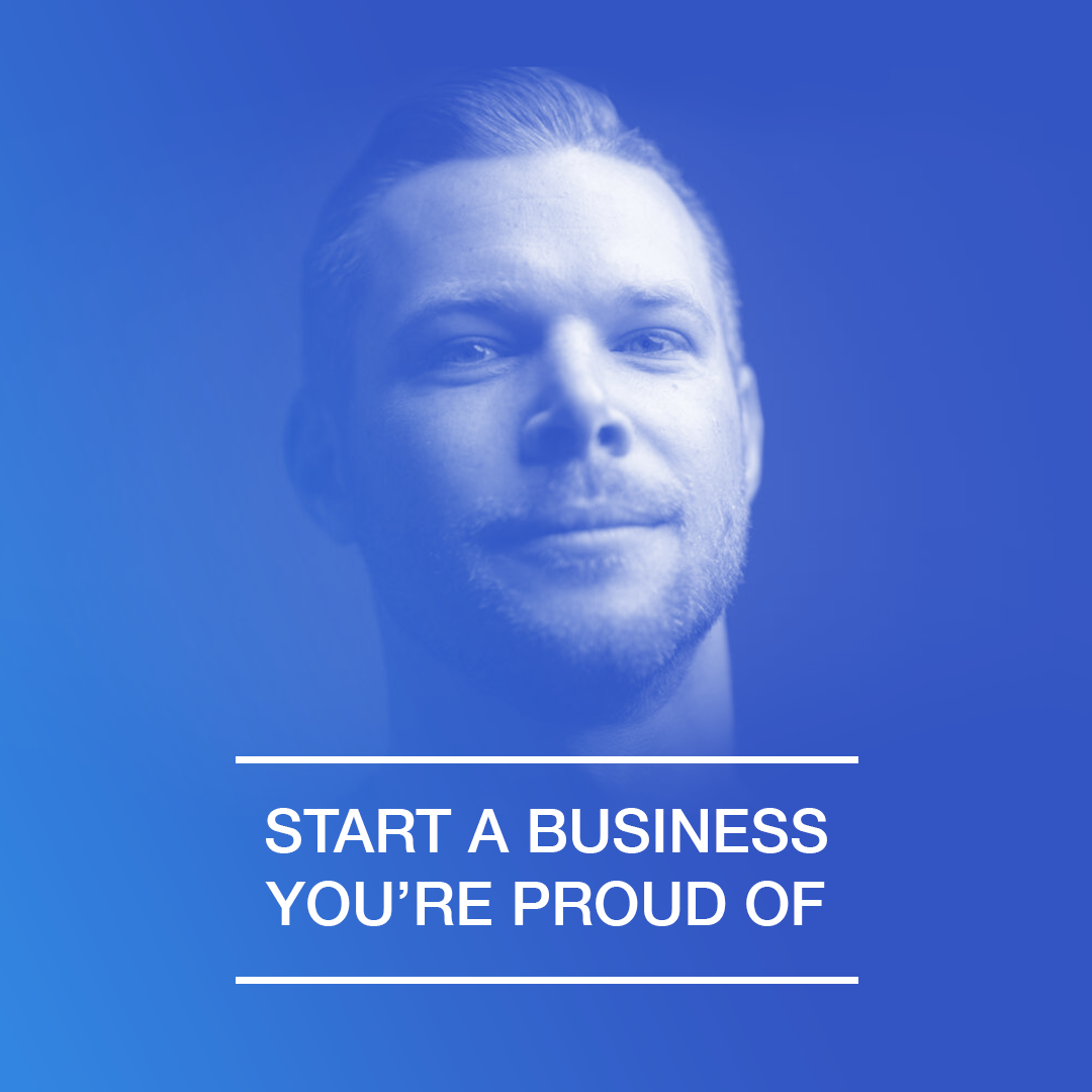 David McMenomey Blue Background with caption Start a Business You're Proud Of Digistore Academy