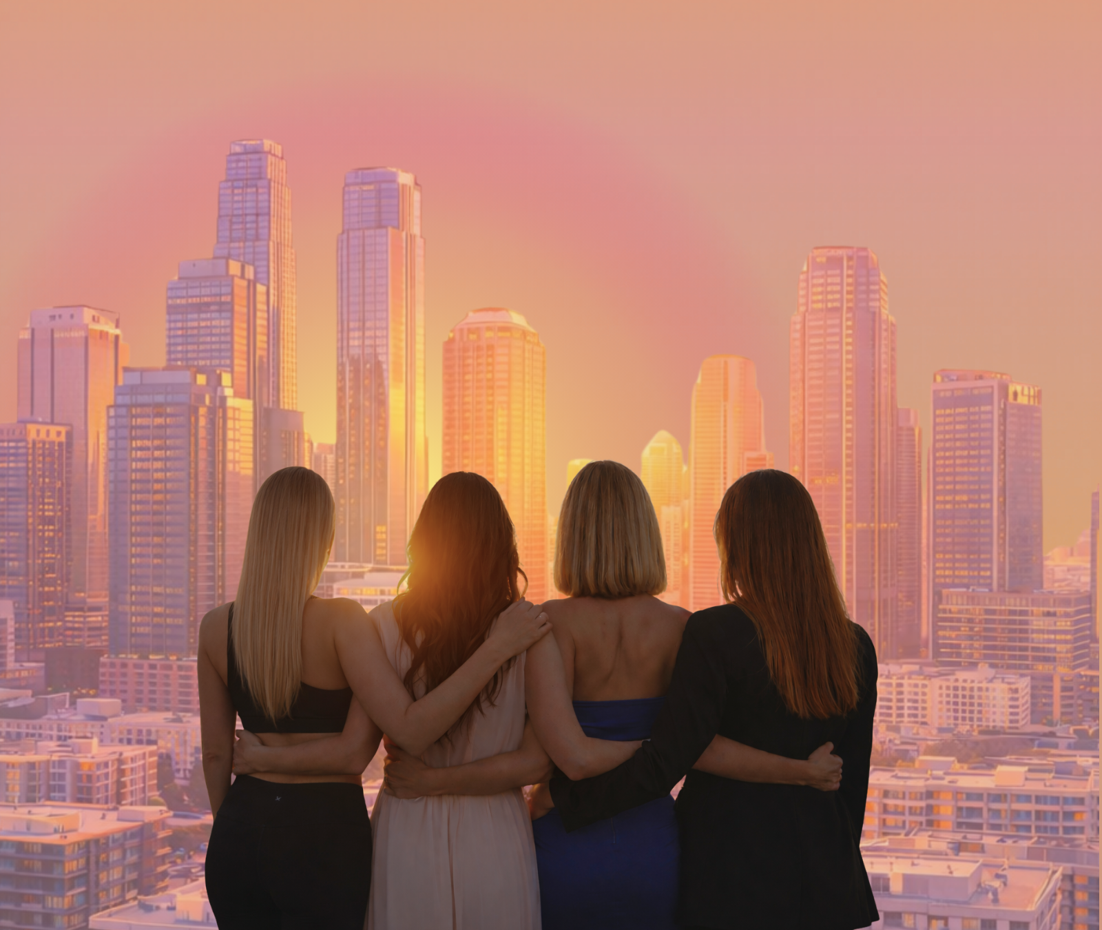 Stadt Amazonen – vier Frauen vor der Düsseldorfer Skyline