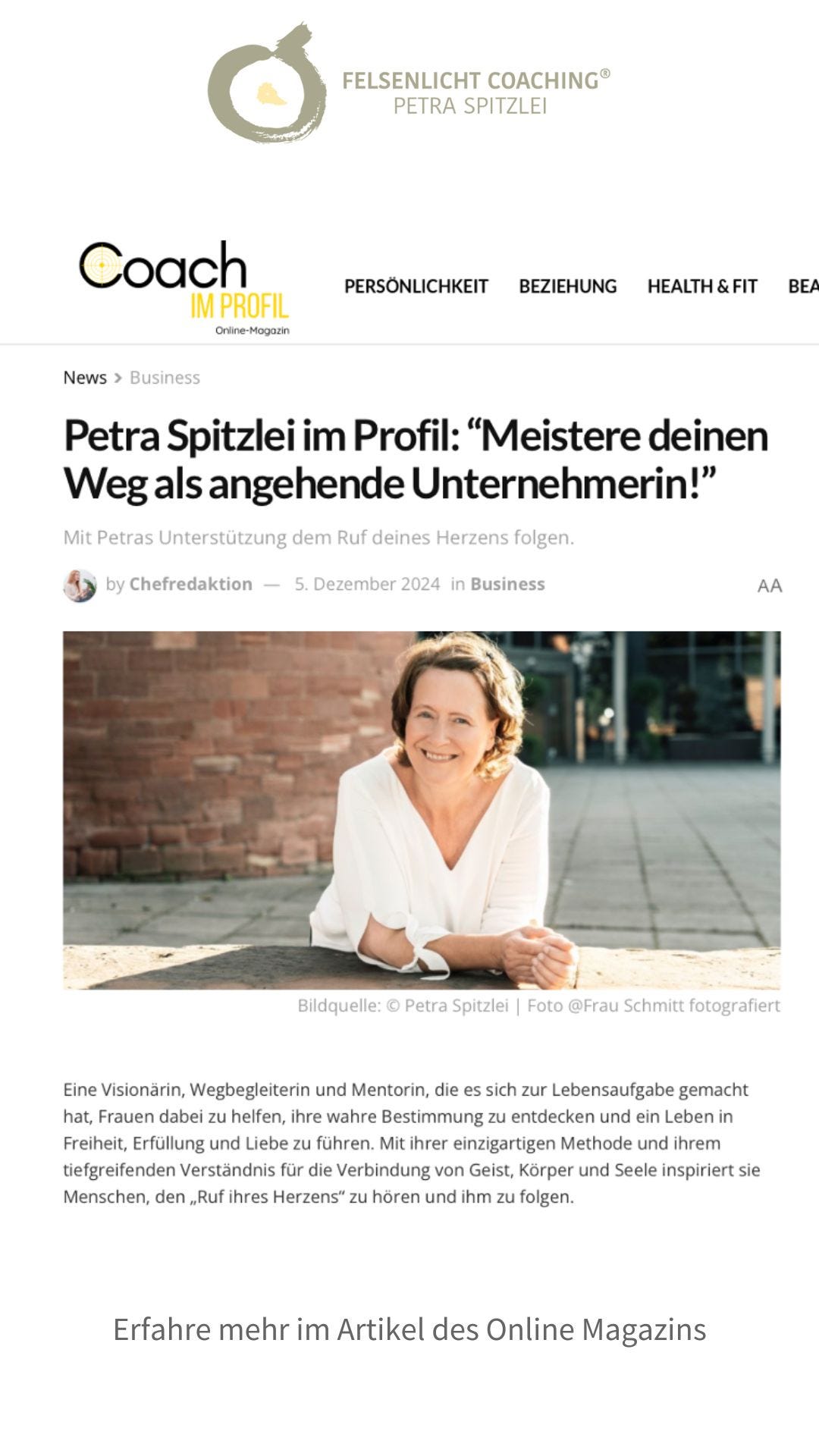 Coach im Profil, Petra Spitzlei, Felsenlicht, Coach, Mentorin, 