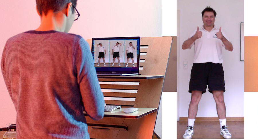 Online-Training: Angestellter trainiert in einer Bewegungspause während der Arbeit