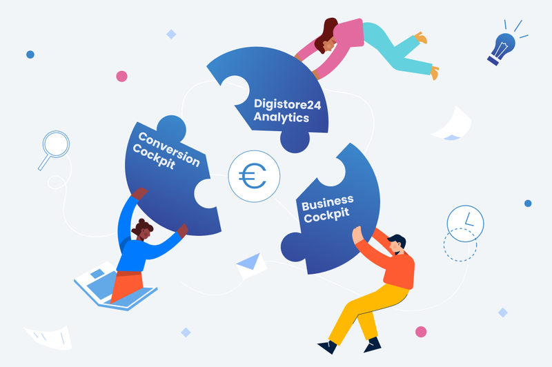 Drei Leute halten drei Puzzleteile hoch mit den Namen Digistore24 Analytics, Conversion Cockpit, Business Cockpit