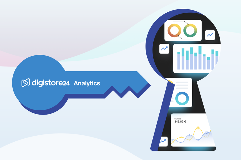 Schlüssel mit der Inschrift Digistore24 Analytics und ein Schlüsselloch mit Daten dahinter