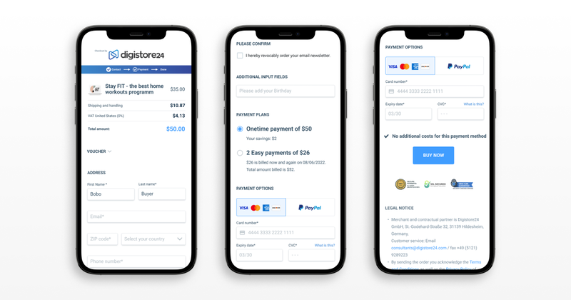 Digistore24 Cart Builder auf drei Handy Bildschirmen