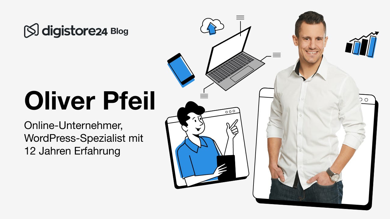 Online-Unternehmer und WordPress Experte Oliver Pfeil in einer Graphik mit digitalen Devices