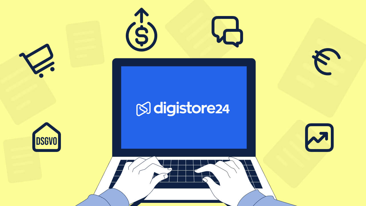 Person verkauft mit Digistore24 und Symbole erklären die Vorteile und Funktionen