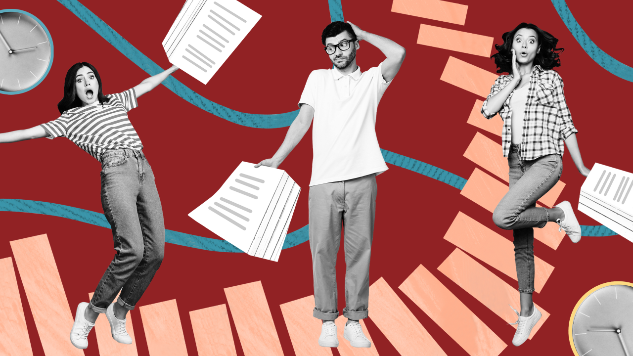 Collage mit 3 Menschen die mit Papierstapeln in der Hand auf einer Treppe stehen