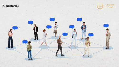 Mnenschen mit Sprechblasen über den Köpfen stehen auf einer Netzwerkstruktur