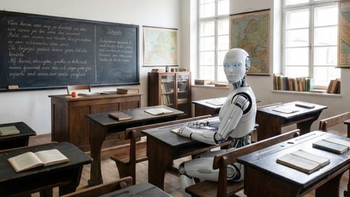 Roboter sitzt in einem Klassenzimmer