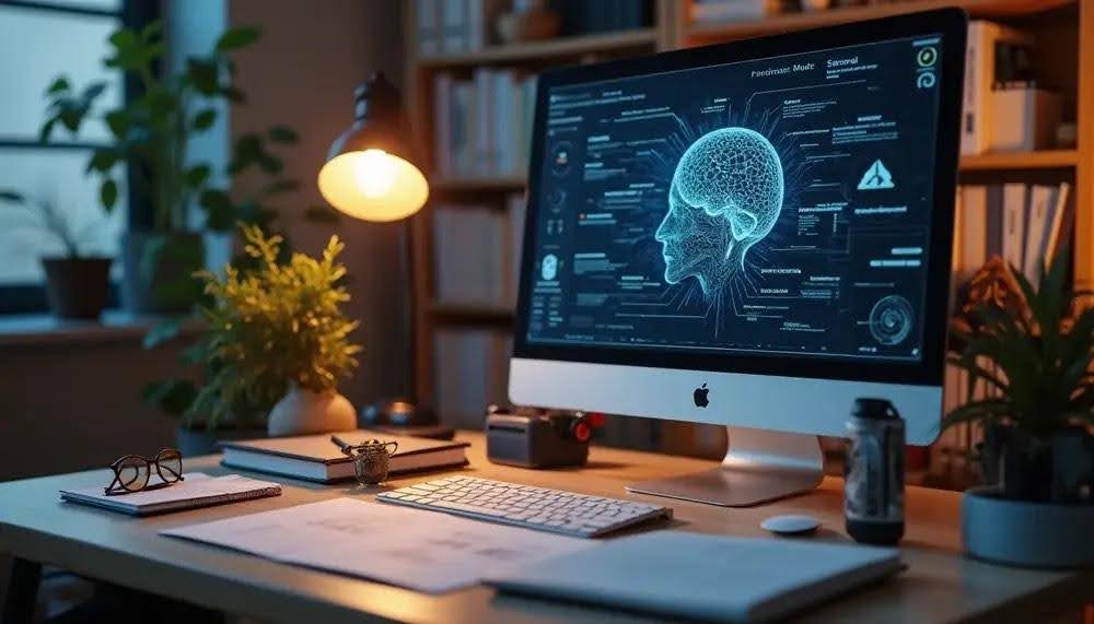 Ein Schreibtisch mit einem eingeschalteten Computer