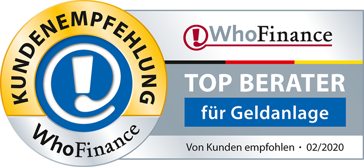Ein auf Kundenempfehlungen basierendes WhoFinance-Siegel von Februar 2020, das Sandra Lekarczyk als Deutschlands Top Beraterin für Geldanlage auszeichnet.