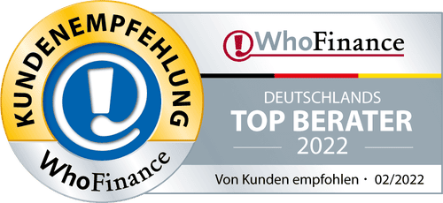 Ein auf Kundenempfehlungen basierendes WhoFinance-Siegel von Februar 2022, das Sandra Lekarczyk als Deutschlands Top Beraterin 2022 auszeichnet.