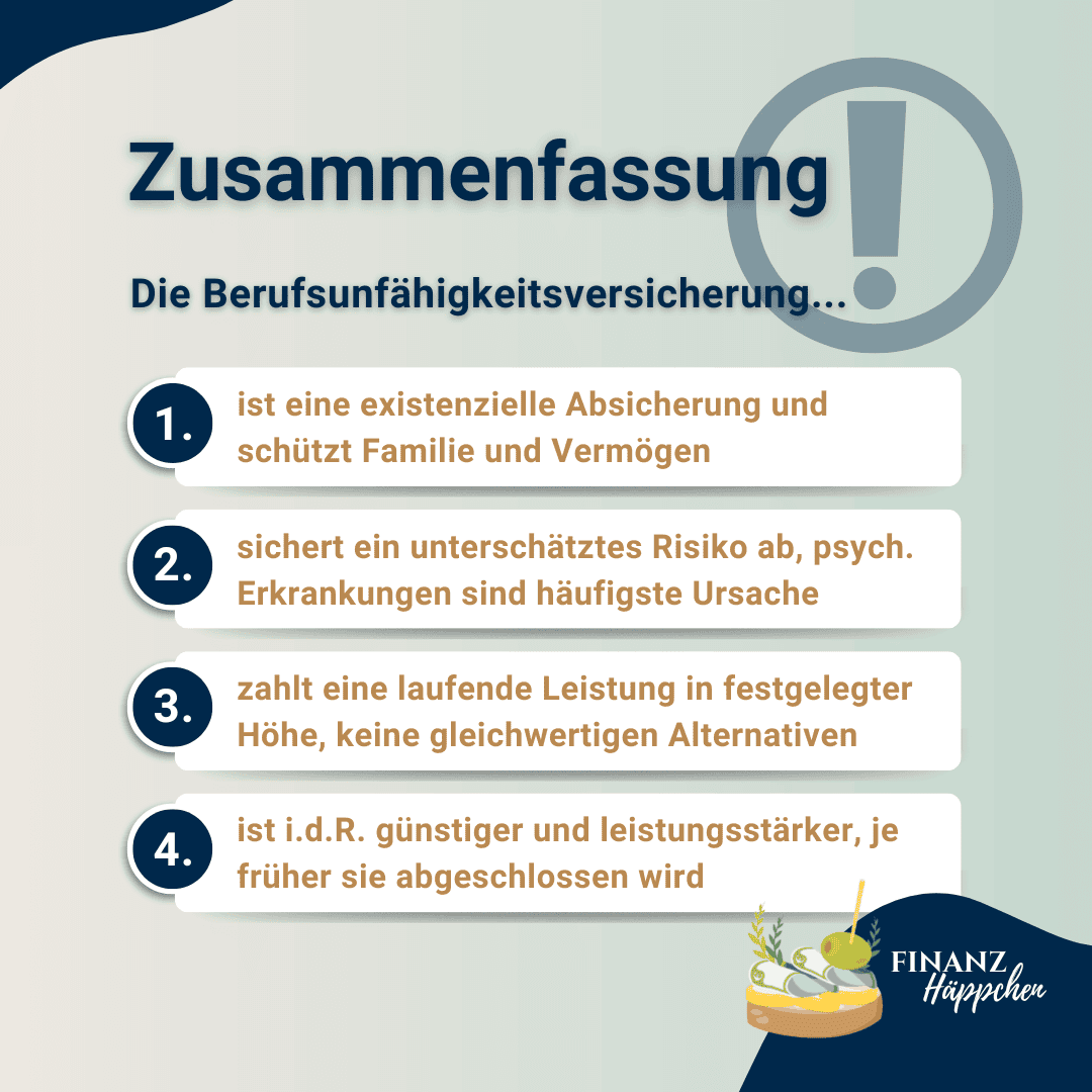 Zusammenfassung: Die Berufsunfähigkeitsversicherung ist eine existenzielle Absicherung und schützt Familie und Vermögen. Sie sichert ein unterschätztes Risiko ab, mit psychischen Erkrankungen als häufigste Ursache und zahlt eine laufende Leistung in festgelegter Höhe. Es existieren keine gleichwertigen Alternativen. Die Berufsunfähigkeitsversicherung ist in der Regel günstiger und leistungsstärker, je früher sie abgeschlossen wird.