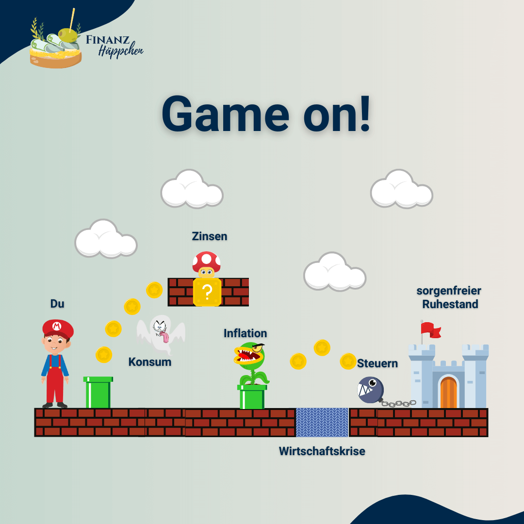 Ein an das Super Mario-Videospiel angelehntes Bild, wo der Du der Hauptcharakter bist und diverse Gegner, wie beispielsweise den Konsum, die Inflation sowie die Steuern überwinden musst, um zum sorgenfreien Ruhestand zu kommen. Die Zinsen in Form eines Fliegenpilzes helfen Dir dabei.