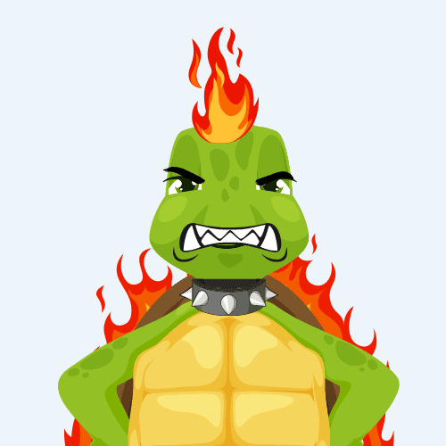 Comic-Bild einer brennenden, gepanzerten Schildkröte