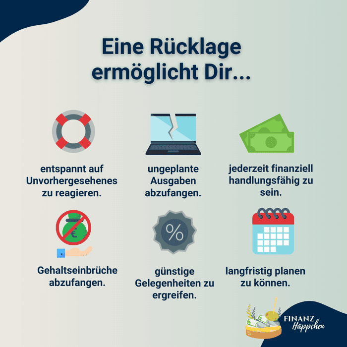Zusammenfassung der Vorteile durch eine Rücklage: entspannt auf Unvorhergesehenes reagieren zu können, ungeplante Ausgaben abzufangen, jederzeit finanziell handlungsfähig zu sein, Gehaltseinbrüche abzufangen, günstige Gelegenheiten zu ergreifen, langfristig planen zu können.