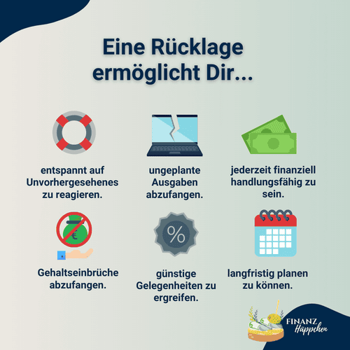 Zusammenfassung der Vorteile durch eine Rücklage: entspannt auf Unvorhergesehenes reagieren zu können, ungeplante Ausgaben abzufangen, jederzeit finanziell handlungsfähig zu sein, Gehaltseinbrüche abzufangen, günstige Gelegenheiten zu ergreifen, langfristig planen zu können.