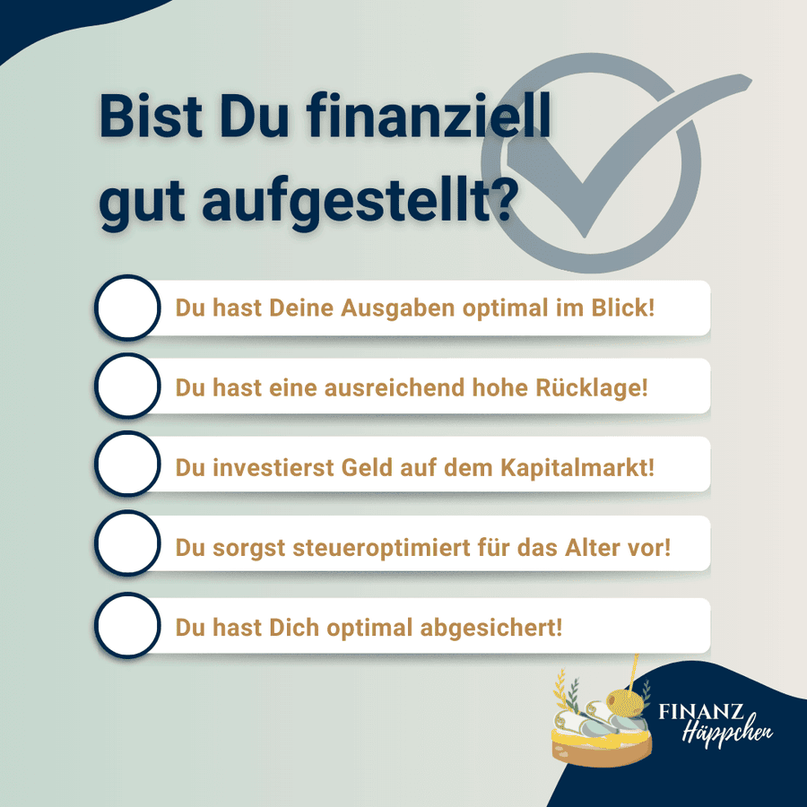 Checkliste "Bist Du finanziell optimal aufgestellt?": Du hast Deine Ausgaben optimal im Blick. Du hast eine ausreichend hohe Rücklage. Du investierst Geld auf dem Kapitalmarkt. Du sorgst steueroptimiert für das Alter vor. Du hast Dich optimal abgesichert.