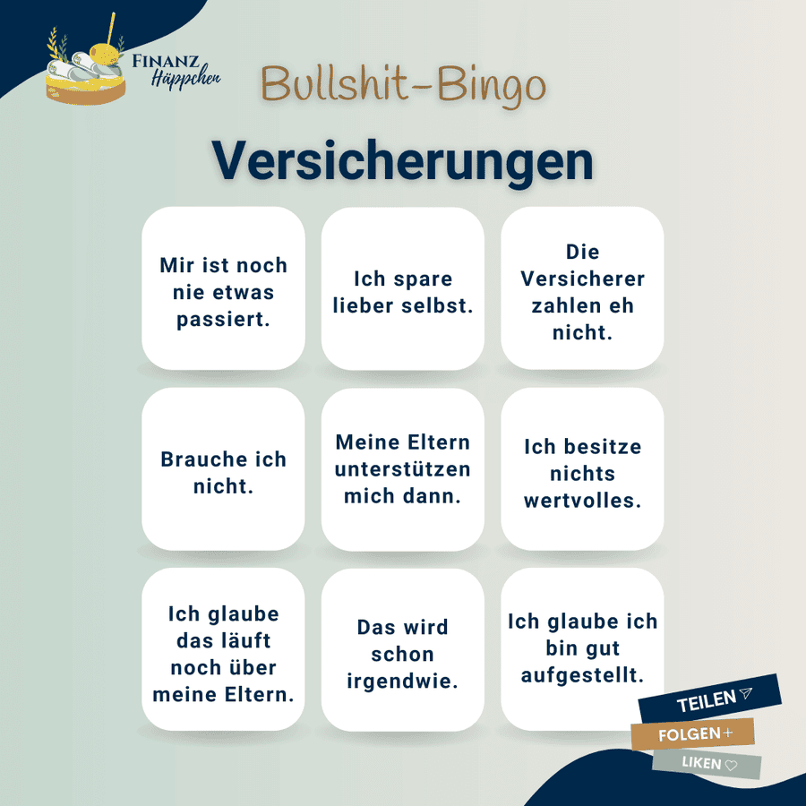 Bullshit-Bingo zu Versicherungen: Eine Sammlung von Ausreden im Zusammenhang mit der Relevanz von Versicherungen, z.B. "Die Versicherer zahlen eh nicht."